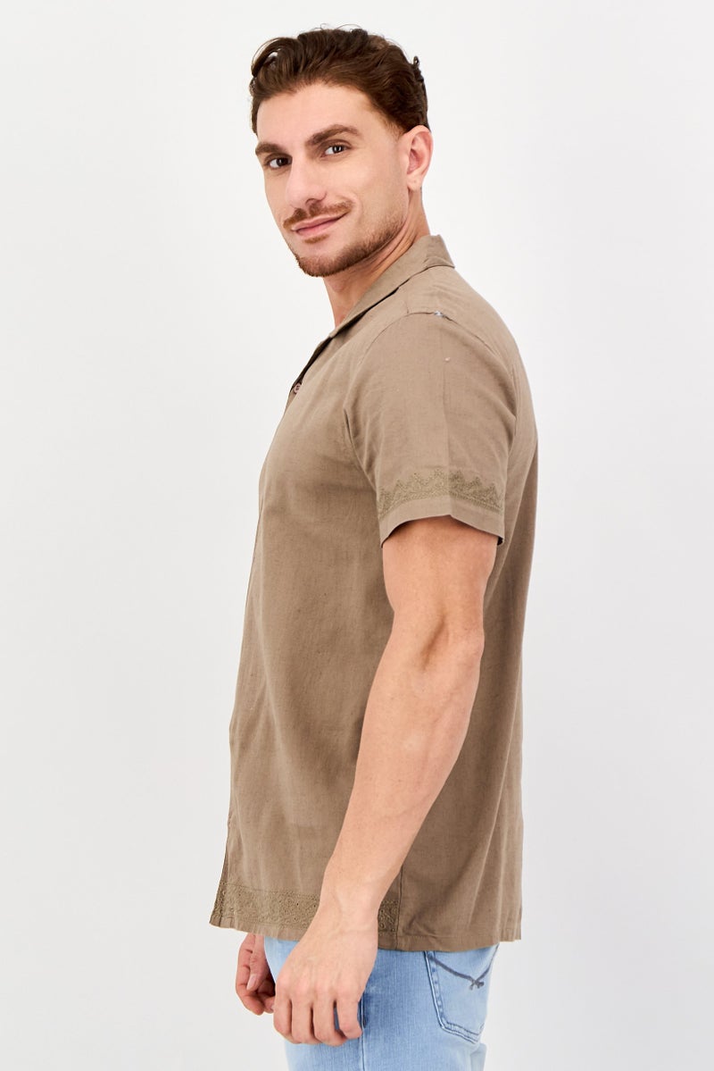 Threadbare Men Regular Fit Short Sleeve Embroidered Casual Shirt, Taupe - Image 2